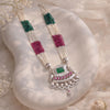 925 sterling silver, antique finish, long necklace, multi-colour seed bead strands, carved green bead pendant, for women, Fedha by Challani
