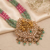 Shop the 925 silver gold plated Jadau goddess long necklace with green and pink bead strands at Fedha by Challani. Free shipping with gift packing.
