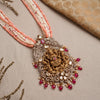 925 sterling silver, antique finish, Jadau, long necklace, goddess motif pendant, peach and white seed bead strands, for women, Fedha by Challani
