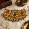 925 sterling silver, gold plated, antique finish, temple choker necklace, Goddess Lakshmi motif, red and green bead accents, for women, Fedha by Challani
