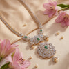 925 sterling silver, gold plated, CZ long necklace, floral lace pendant, green bead and pearl drop accents, for women, Fedha by Challani

