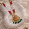 925 sterling silver, gold plated, antique finish, long necklace, red and white seed bead strands, scallop pendant, green bead drops, for women, Fedha by Challani
